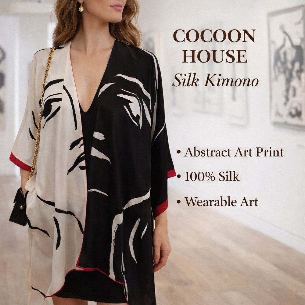 Cocoon House Silk Kimono Art to Wear Lightweight Abstract Duster Wrap Luxury